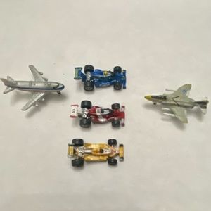 Vintage,  Lot of 5 Miniature 1.25-inch Airplanes and Racing Cars (G)
